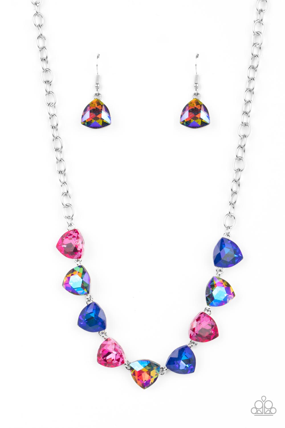 Paparazzi Accessories Dreamy Drama - Blue A collection of dreamy trilliant-cut rhinestones in iridescent shades of blue and pink fall in line along the collar in a majestic finish. Features an adjustable clasp closure. Due to its prismatic palette, color