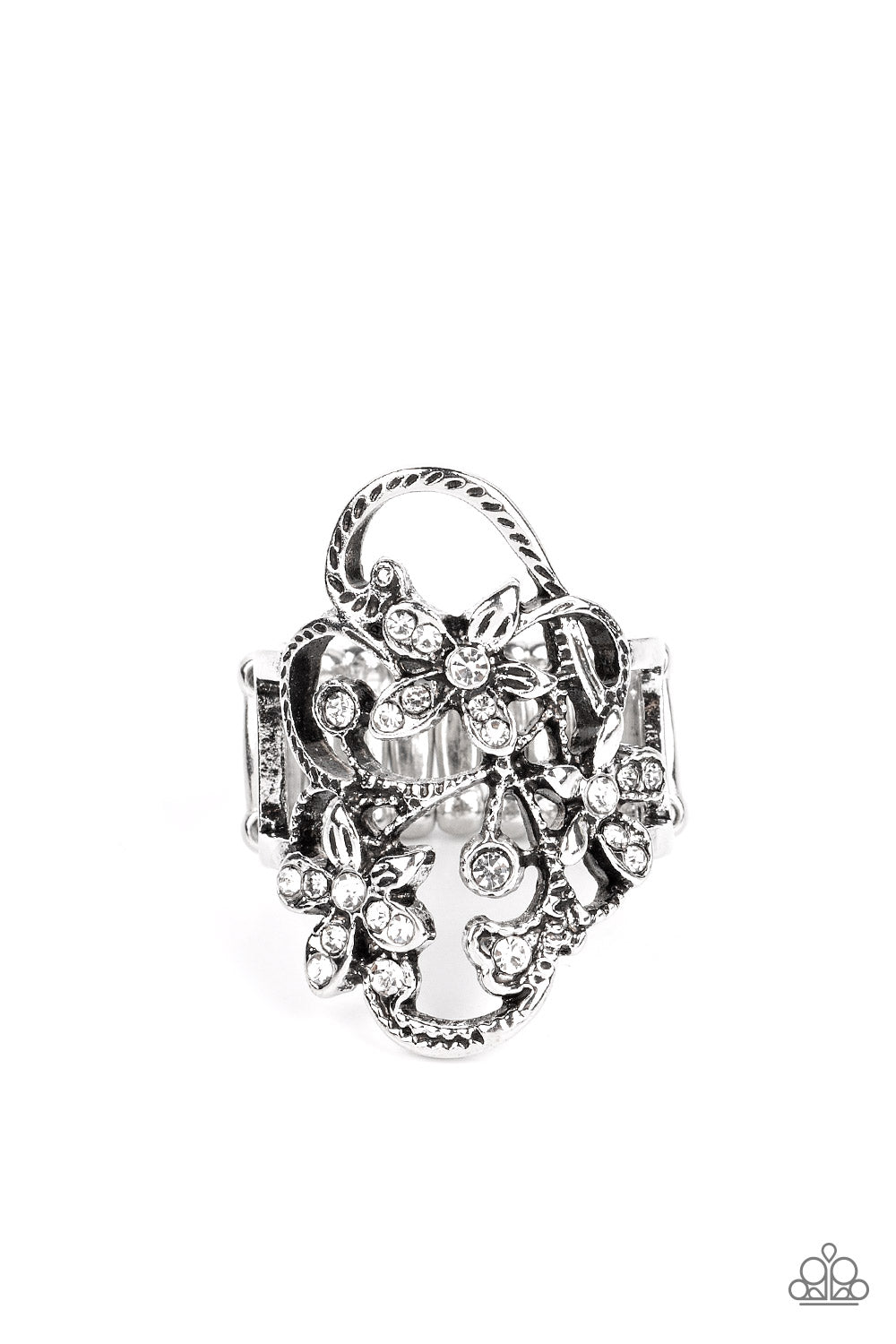 Paparazzi Accessories Flirtatiously Flowering - White Sparkly white rhinestones are sprinkled across swirls of textured silver filigree and flowers, creating a glittery garden scene atop the finger. Features a stretchy band for a flexible fit. Sold as one