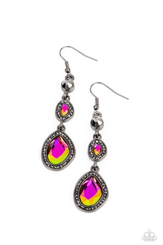 Paparazzi Accessories Dripping Self-Confidence - Multi Bordered in gunmetal frames dotted with tiny flecks of hematite rhinestones, a pair of asymmetrical gems with an oil-spill finish delicately link into a spellbinding sparkle around the ear. Earring at