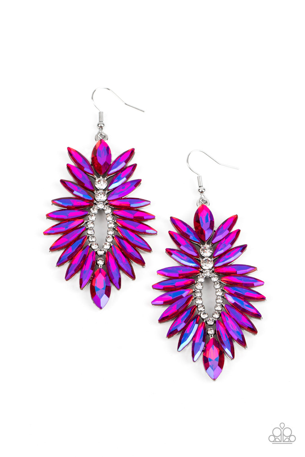 Paparazzi Accessories Turn up the Luxe - Pink An explosion of iridescent pink marquise rhinestones flares out from a ring of dainty white rhinestones, coalescing into an irresistibly icy statement piece. Earring attaches to a standard fishhook fitting. So