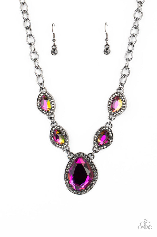Paparazzi Accessories The Upper Echelon - Multi Bordered in gunmetal frames dotted with tiny flecks of hematite rhinestones, a pair of asymmetrical gems with an oil-spill finish delicately link into a spellbinding sparkle around the neck. Features an adju