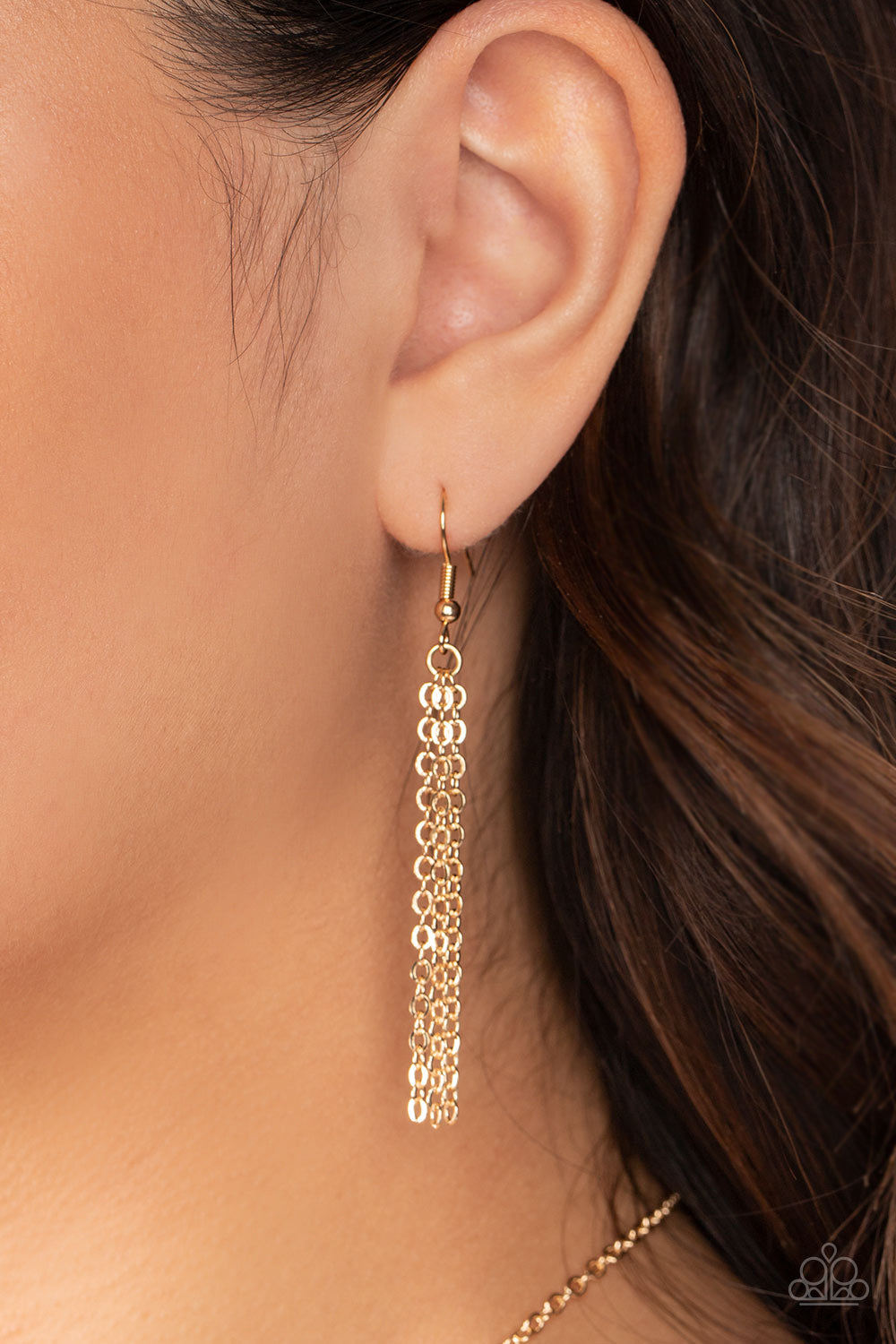 Paparazzi Accessories Opalescent Oblivion - Gold Featuring a refracted shimmer and an opalescent finish, a collection of emerald-cut, white gems link along the collar to create a hypnotic pop of color. Each gem is pressed into a gold frame with pronged fi