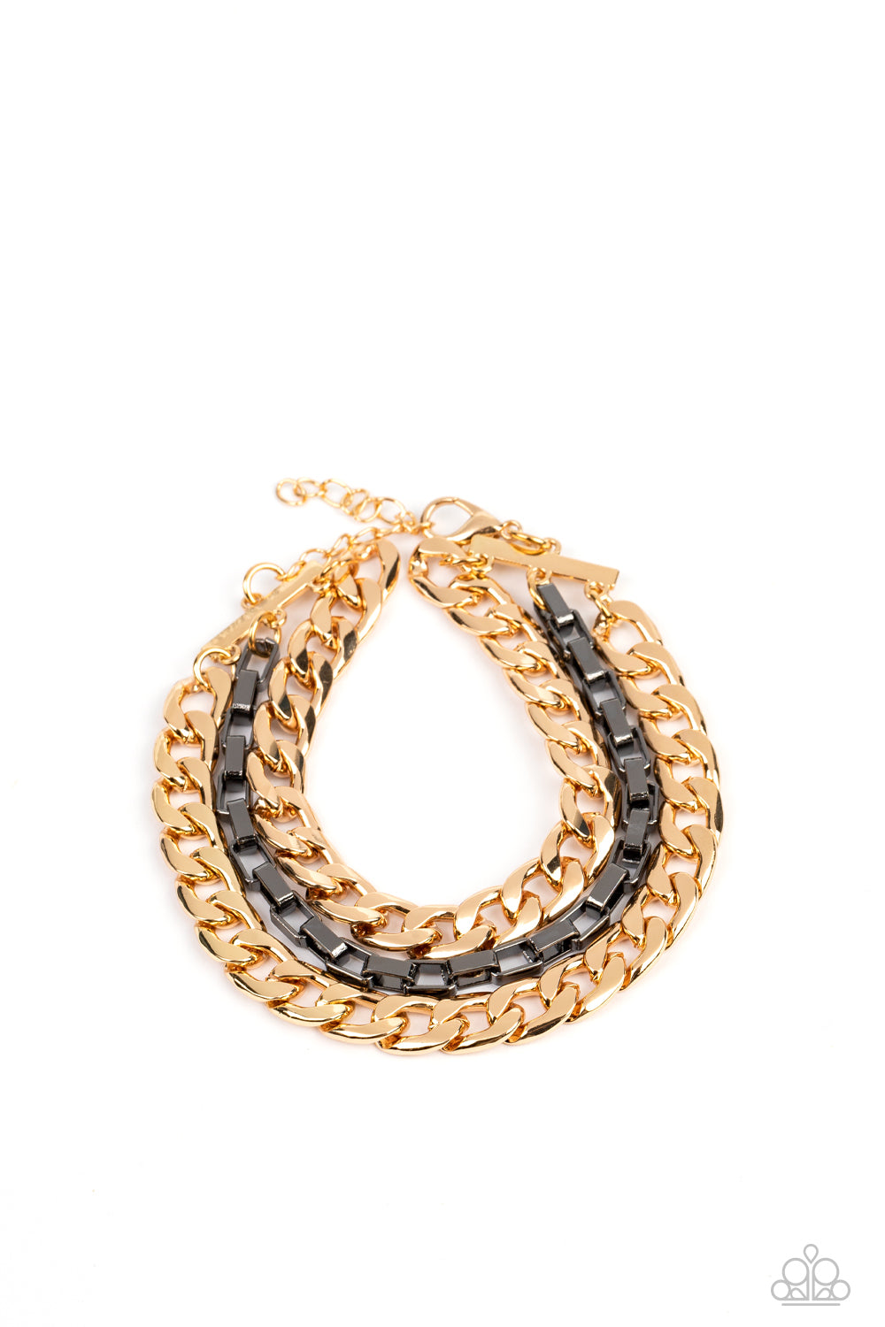 Paparazzi Accessories Heavy Duty - Multi Glistening gold and gunmetal curb and box chains wrap around the wrist for a grungy, industrial look. Features an adjustable clasp closure. Sold as one individual bracelet. Jewelry