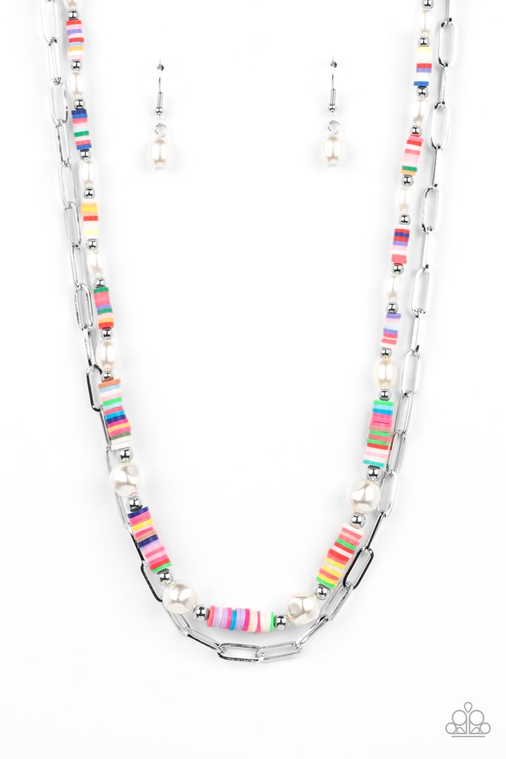 Paparazzi Accessories Tidal Trendsetter - Multi Sections of colorful rubber discs in rainbow shades are separated by tiny silver beads and a variety of white baroque pearls to create an unexpected mashup of texture along the collar. A strand of silver pap