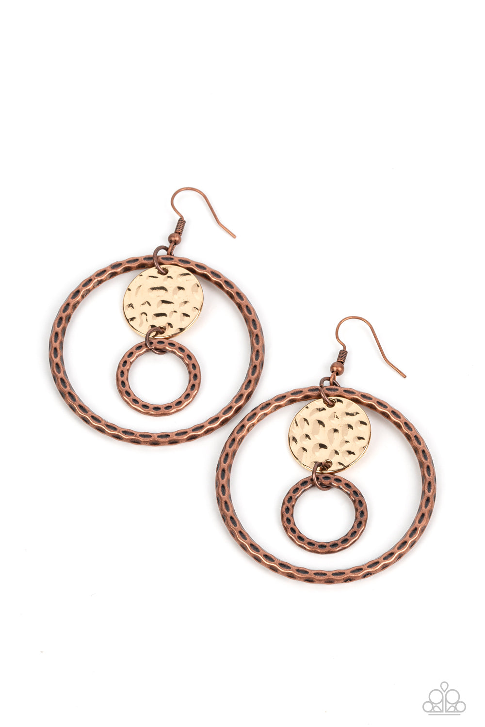 Paparazzi Accessories Mojave Metal Art - Multi A hammered gold disc and a hammered copper ring swing from the top of an oversized copper hoop featuring the same textured detail, resulting in a rustic chandelier. Earring attaches to a standard fishhook fit