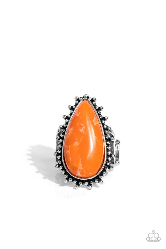 Paparazzi Accessories Down-to-Earth Essence - Orange Chiseled into a tranquil teardrop, a refreshing orange stone is pressed into the center of a studded silver frame for an earthy ensemble. Features a stretchy band for a flexible fit. Sold as one individ