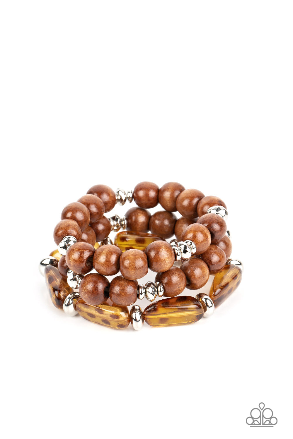 Paparazzi Accessories WILD-Mannered - Brown Featuring hints of cheetah-like patterns, glassy acrylic beads join dainty silver accents and oversized wooden beads along stretchy bands that stack across the wrist in a wildly layered finish. Sold as one set o