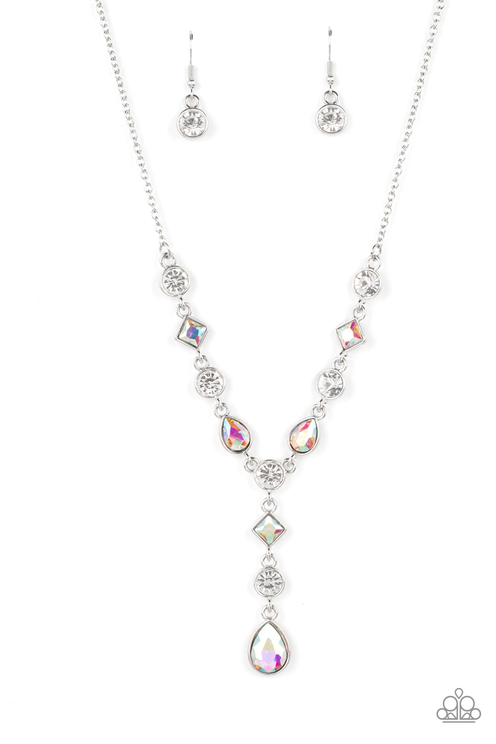 Paparazzi Accessories Forget the Crown - Multi Brilliant white round-cut rhinestones alternate between diamonds and teardrops with an iridescent finish, creating an elegant lariat fit for royalty. Due to its prismatic palette, color may vary. Features an