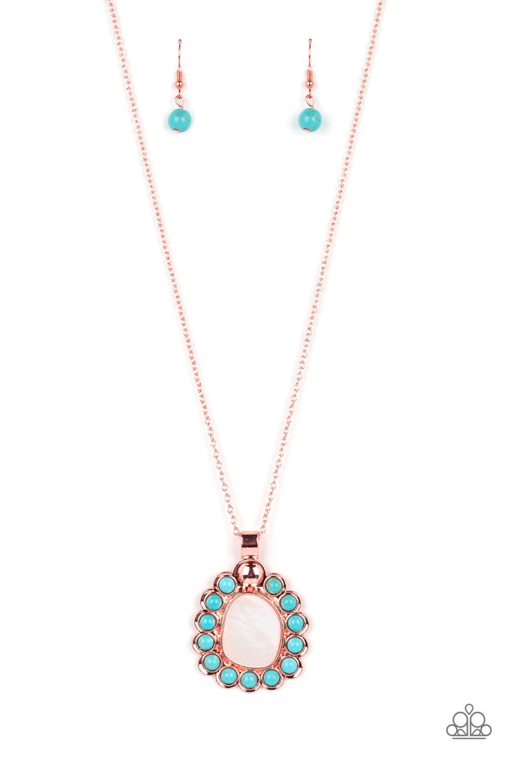 Paparazzi Accessories Sahara Sea - Copper Dangling from a shiny copper chain, an asymmetrical white shell with an opal finish is encircled by a turquoise stone-studded frame, creating a seasonal Southwestern pattern. As the stone elements in this piece ar