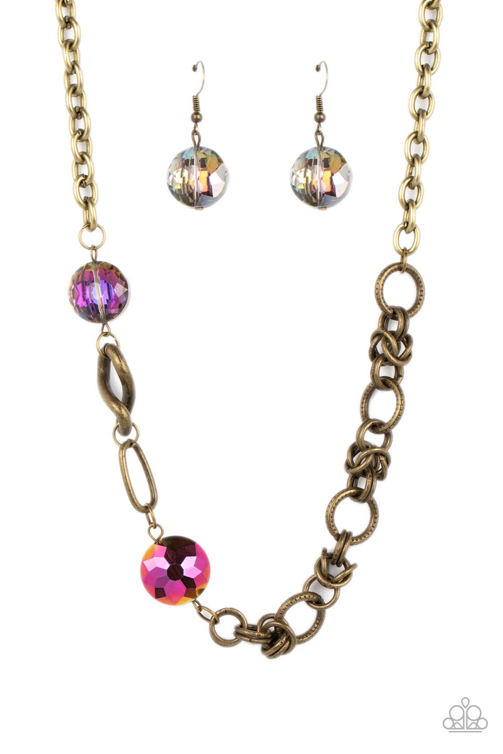 Paparazzi Accessories Celestially Celtic - Brass Thick links of brass twist into Celtic knot-like details, linking together with textured brass hoops along the collar. A pair of faceted, saucer-shaped crystal beads, dipped in a reflective oil spill coatin