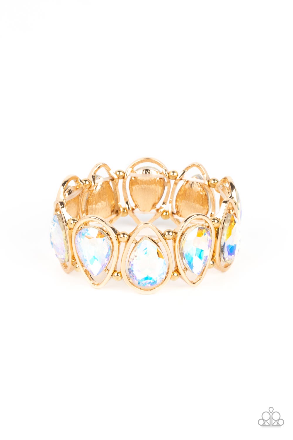 Paparazzi Accessories The Sparkle Society - Gold Oversized teardrop gems, coated in a shimmery iridescent finish are seemingly suspended inside gold teardrop frames. The airy borders allow the faceted edges of the iridescent beads to take center stage, as