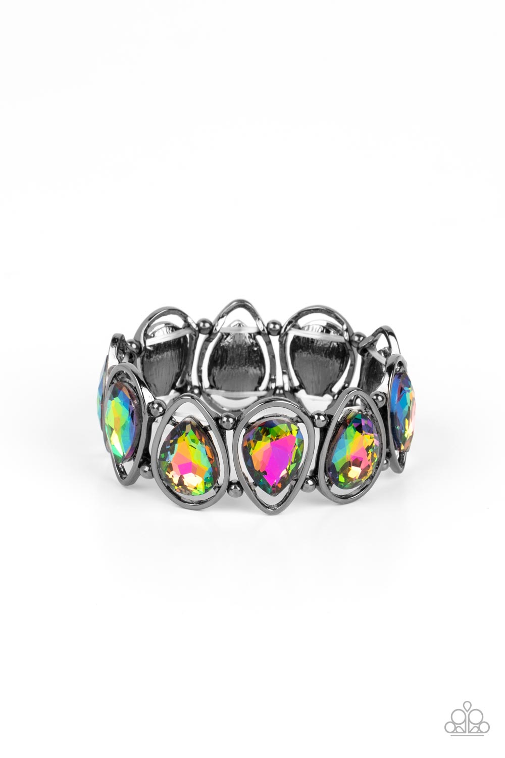 Paparazzi Accessories The Sparkle Society - Multi 2 Oversized teardrop gems, coated in a shimmery oil spill finish are seemingly suspended inside gunmetal teardrop frames. The airy borders allow the faceted edges of the teardrop beads to take center stage
