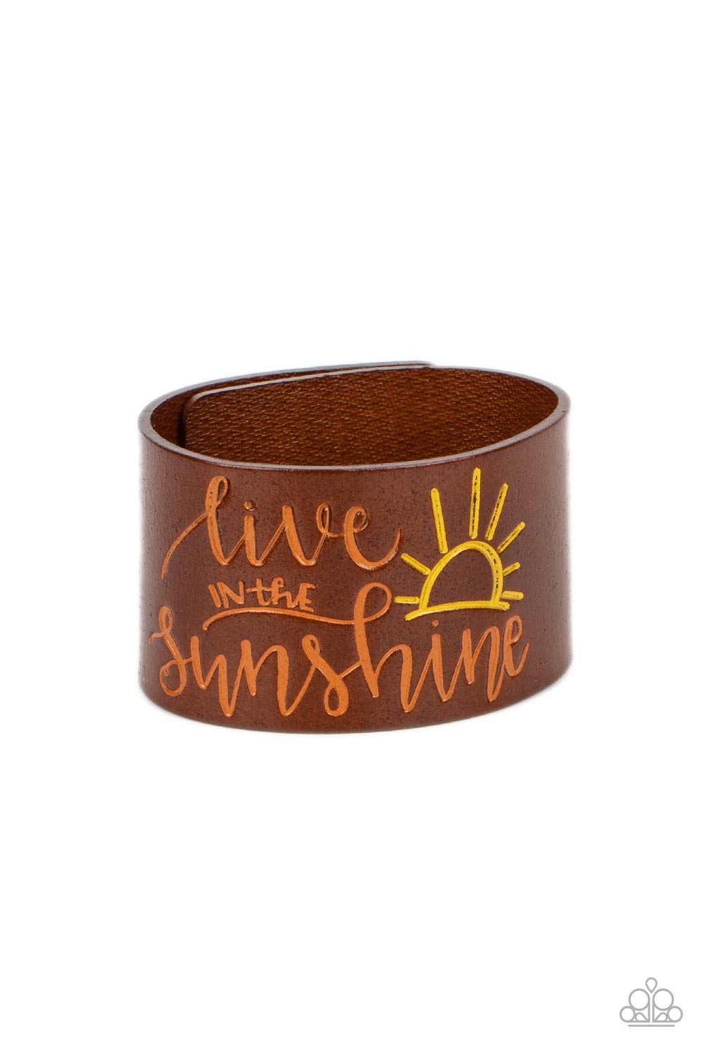 Paparazzi Accessories Sunshine Season - Orange A thick band of light brown leather is stamped with the cheerful phrase, "live in the sunshine," along with a radiating sun design. The orange font complements the yellow tint of the sun in an optimistic fini