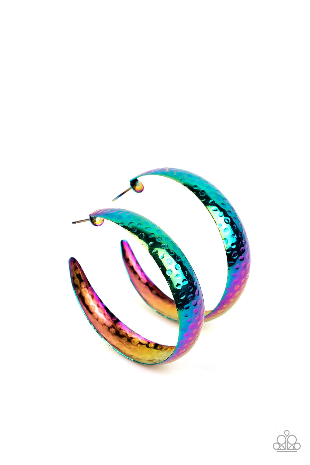 Paparazzi Accessories Futuristic Flavor - Multi Radiating with hammered detail, an oil-spill finished hoop curls around the ear for a look ahead of its time. Earring attaches to a standard post fitting. Hoop measures approximately 1.75" in diameter. Sold