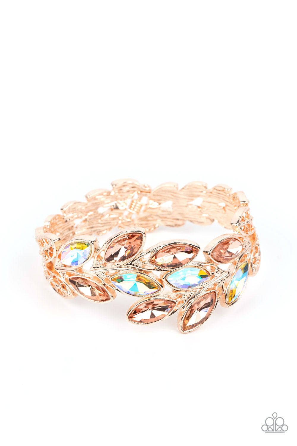 Paparazzi Accessories Luminous Laurels - Rose Gold Rose gold and peachy iridescent marquise-cut gems blossom from an array of rose gold marquise frames embossed in leafy filigree and tactile studs. Each frame interlocks around the wrist in a whimsical pat