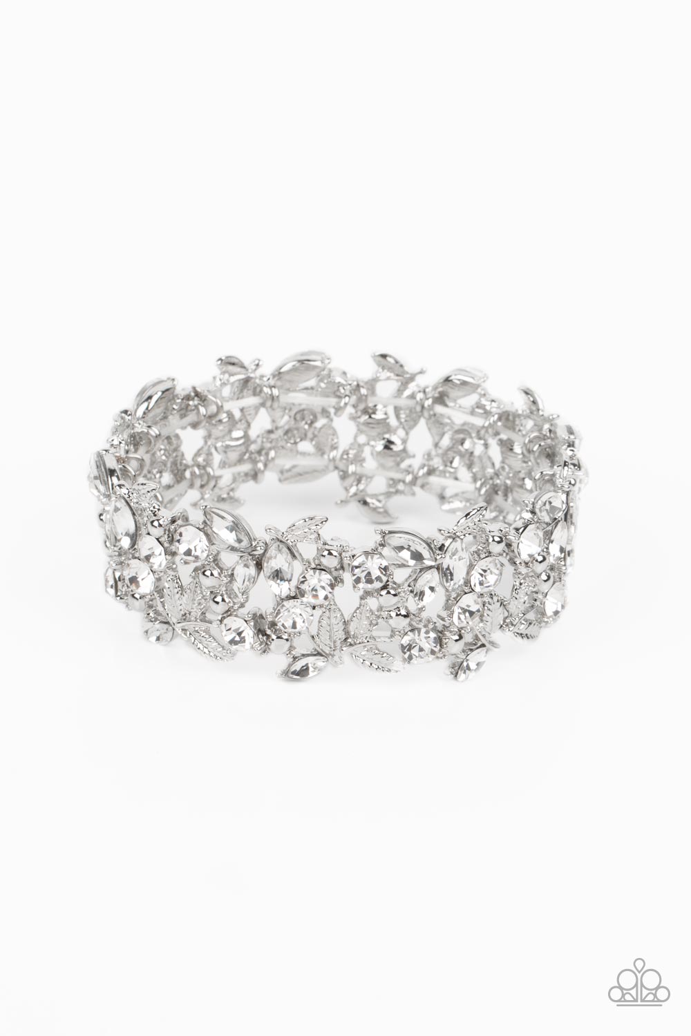 Paparazzi Accessories Feathered Finesse -White Round and marquise-cut white gems intertwine around polished silver studs and ornate feather-like details in a glitzy pattern. The textured, glittery display is threaded along elastic stretchy bands for a whi