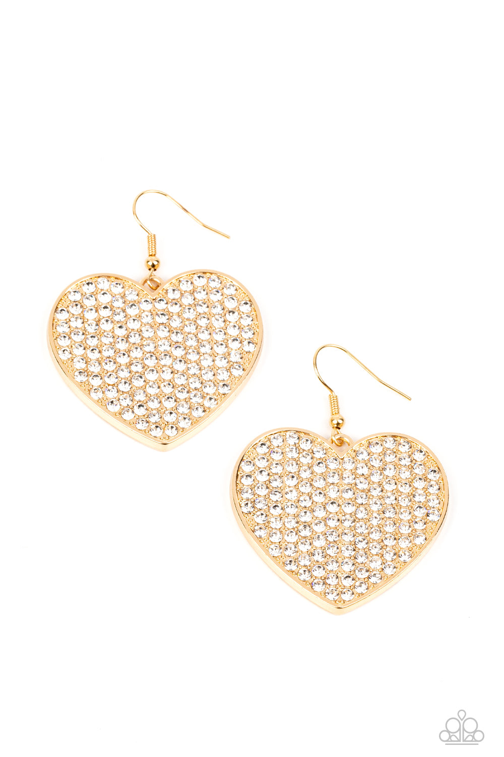 Paparazzi Accessories Romantic Reign - Gold A shiny, oversized gold heart is covered in tiny white rhinestones, emitting radiant shimmer as it swings from the ear. Earring attaches to a standard fishhook fitting. Sold as one pair of earrings. Jewelry