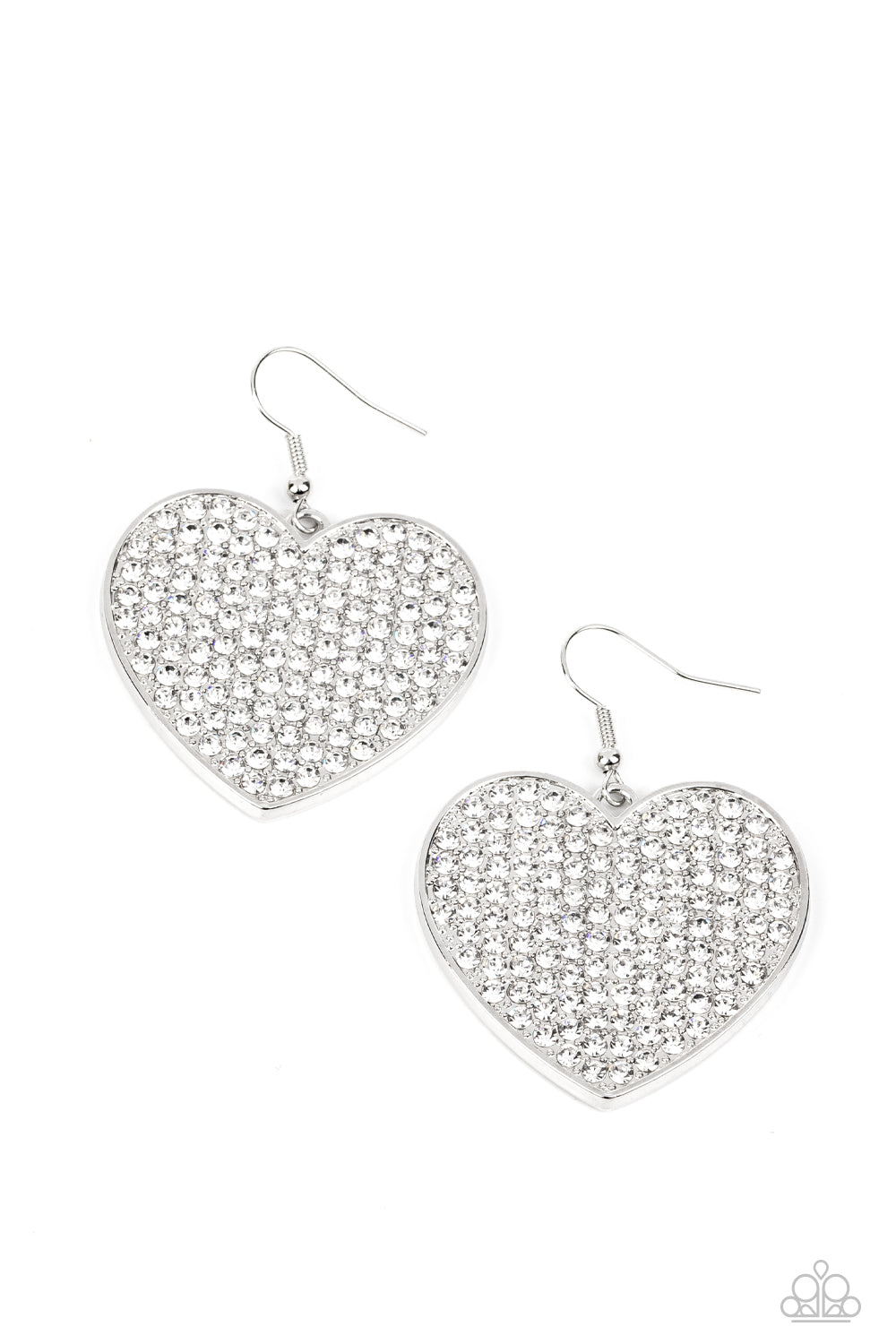 Paparazzi Accessories Romantic Reign - White A shiny, oversized silver heart is covered in tiny white rhinestones, emitting radiant shimmer as it swings from the ear. Earring attaches to a standard fishhook fitting. Sold as one pair of earrings. Jewelry