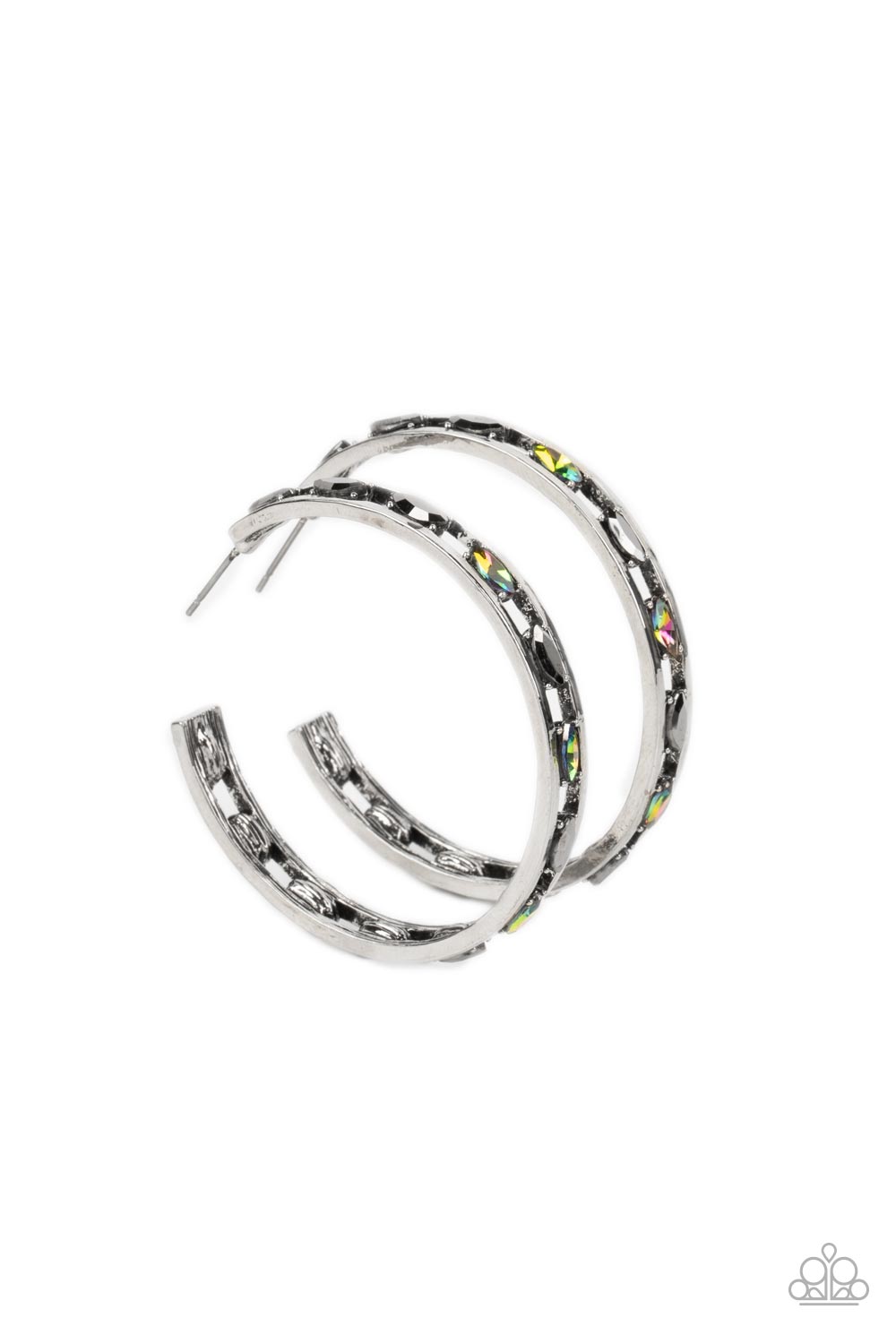 Paparazzi Accessories The Gem Fairy - Multi Dainty marquise-cut gems in hematite and oil spill finishes fall in line between two bars of silver, creating an airy hoop as they curl around the ear. Earring attaches to a standard post fitting. Hoop measures