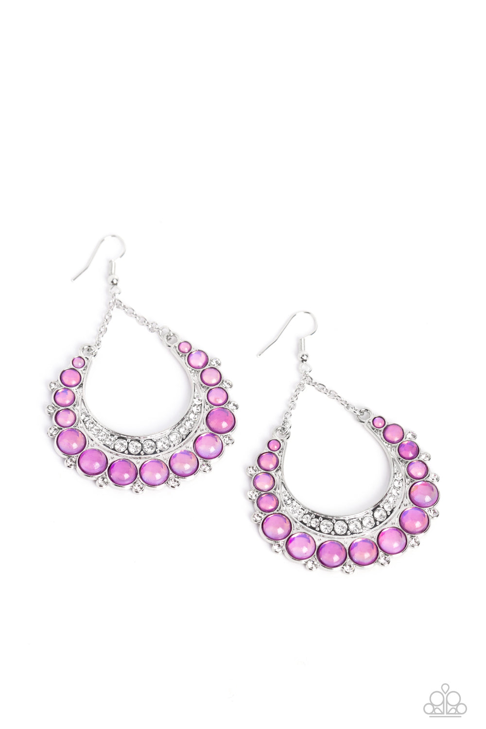 Paparazzi Accessories Bubbly Bling - Purple Bubbly purple beads are wrapped in silver frames as they fan out into a dramatic horseshoe shape. A thick silver crescent lined with white rhinestones nestles along the inside of the curve at the bottom, as tiny