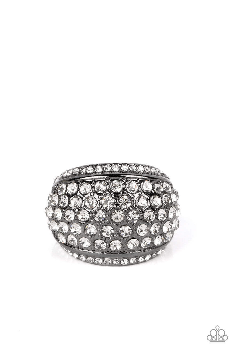 Paparazzi Accessories Running OFF SPARKLE - Black A thick band of gunmetal arcs across the top of the finger, creating an exaggerated rounded frame. Countless tiny white rhinestones scatter across the surface, as straight lines of even more rhinestones li