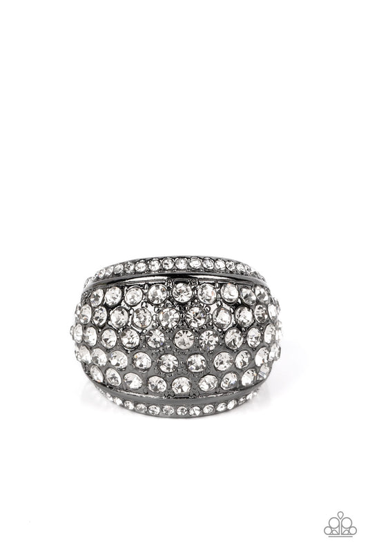 Paparazzi Accessories Running OFF SPARKLE - Black A thick band of gunmetal arcs across the top of the finger, creating an exaggerated rounded frame. Countless tiny white rhinestones scatter across the surface, as straight lines of even more rhinestones li
