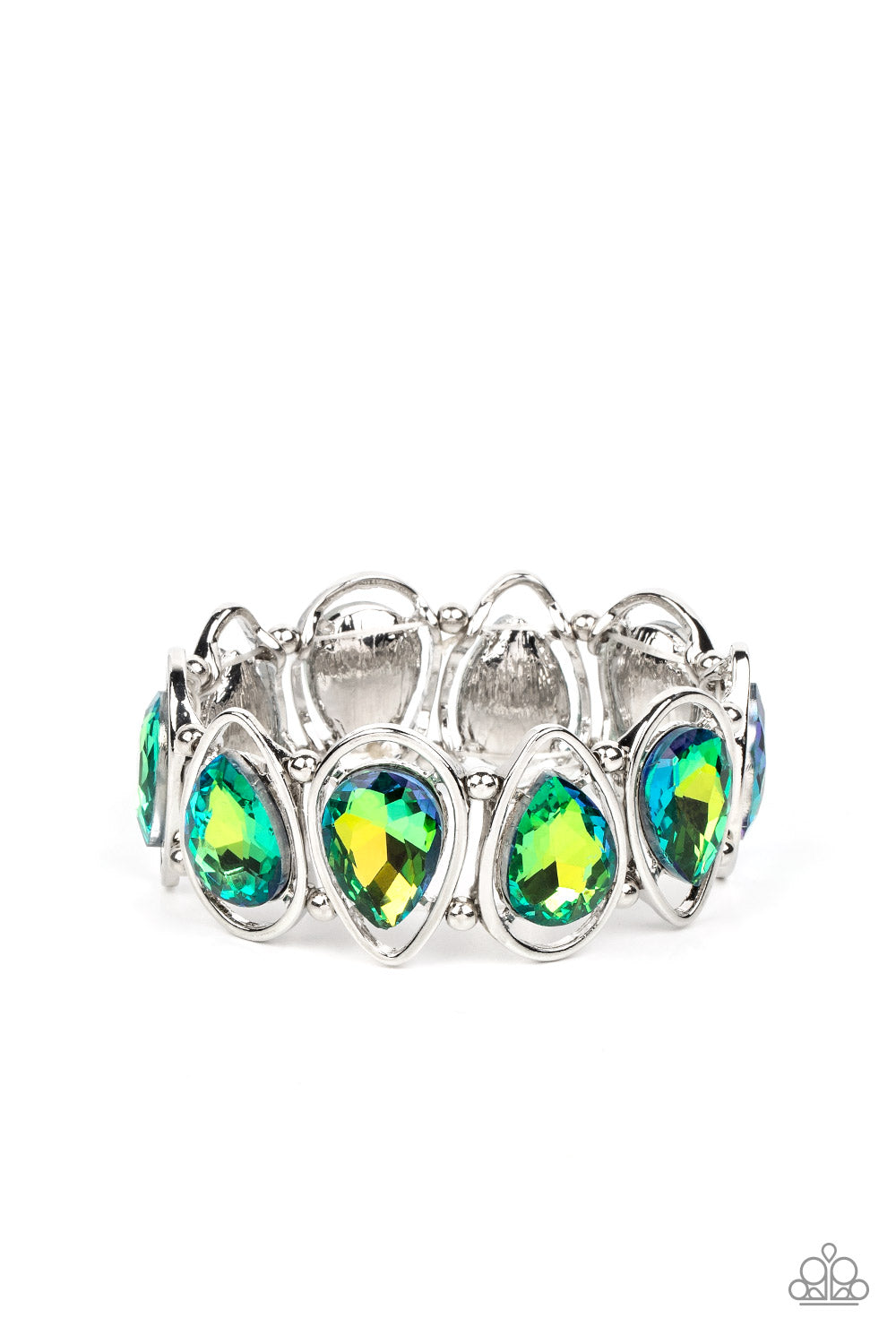 Paparazzi Accessories The Sparkle Society - Multi 1 Oversized teardrop gems, coated in a shimmery green refracted shimmer are seemingly suspended inside silver teardrop frames. The airy borders allow the faceted edges of the teardrop beads to take center