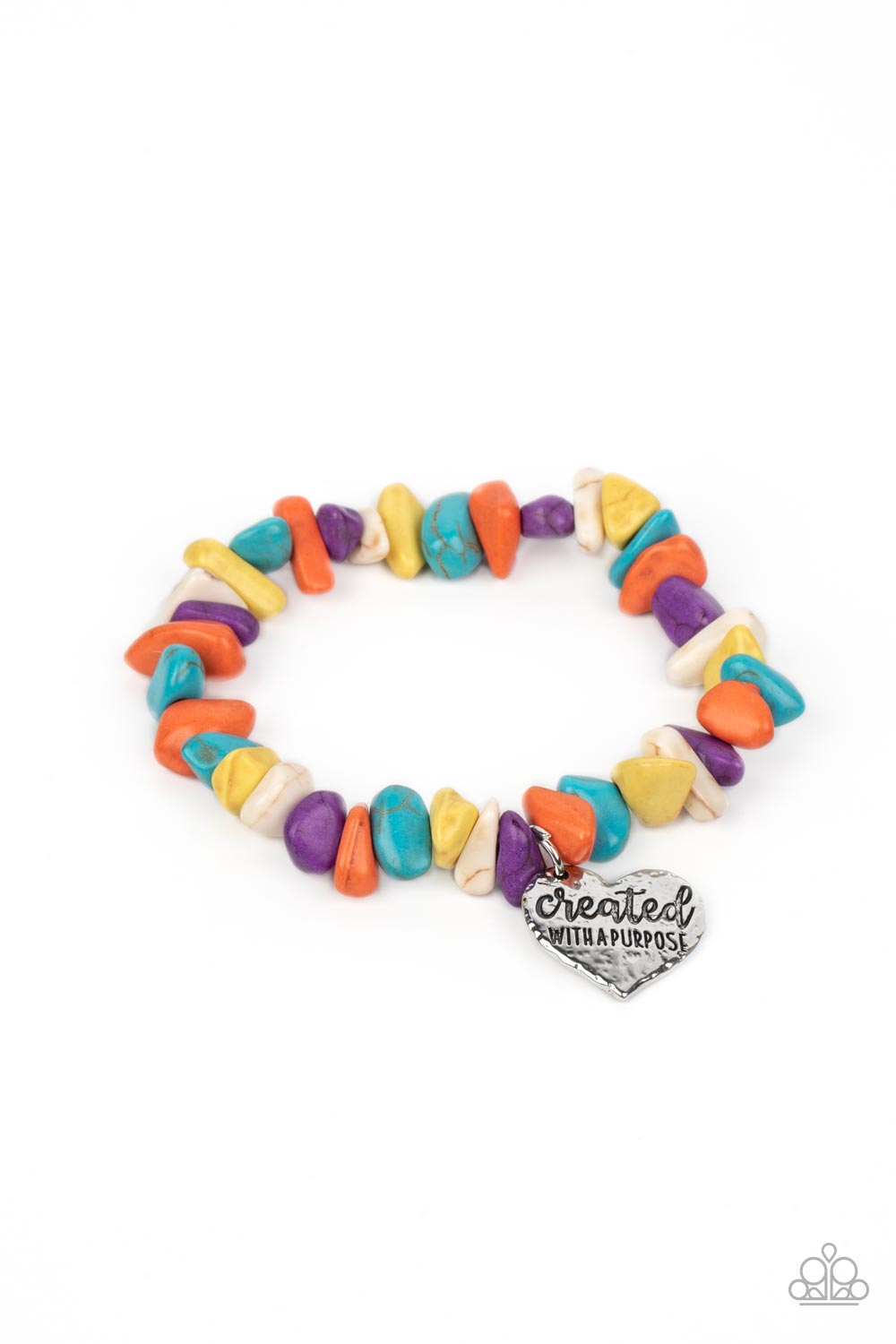 Paparazzi Accessories Stony-Hearted - Multi An assortment of chiseled orange, turquoise, yellow, purple, and white stones are threaded along an elastic stretchy band in a free-spirited pattern. A silver heart charm, hammered in antiqued texture is engrave