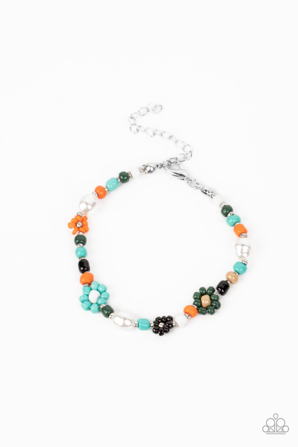 Paparazzi Accessories Groovy Gerberas - Blue Modeled after gerber daisies, multicolored seed beed petals in shades of Tiffany, orange, olive green, and black bloom around white, Iced Coffee, and silver beaded centers resulting in a dazzling collection of