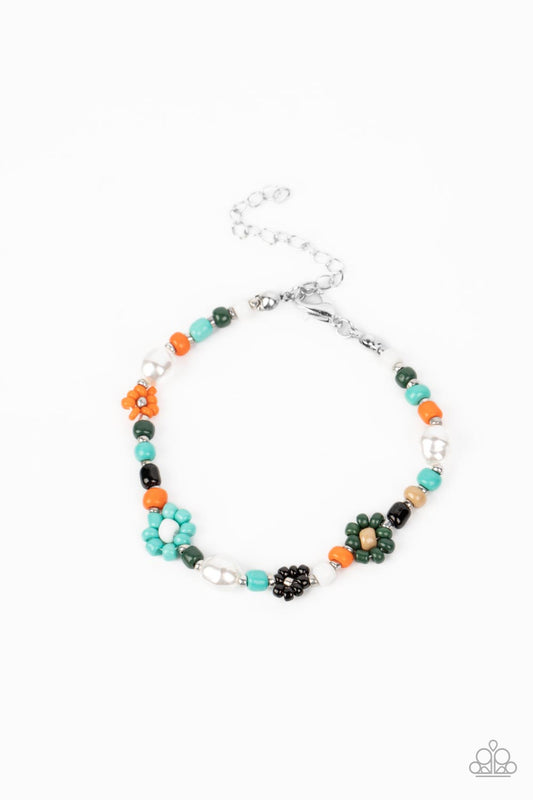 Paparazzi Accessories Groovy Gerberas - Blue Modeled after gerber daisies, multicolored seed beed petals in shades of Tiffany, orange, olive green, and black bloom around white, Iced Coffee, and silver beaded centers resulting in a dazzling collection of