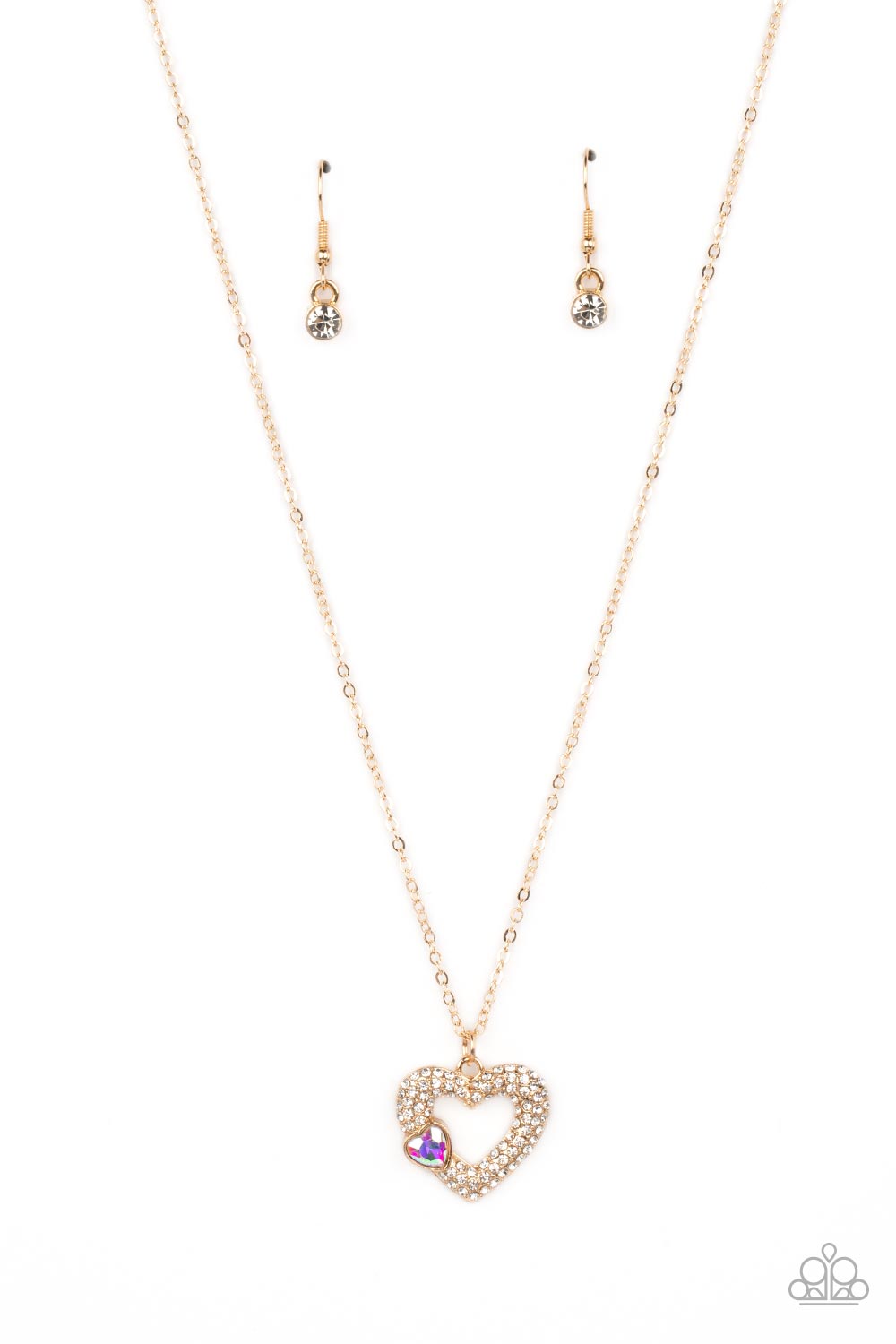 Paparazzi Accessories Bedazzled Bliss - Multi A luxurious airy gold heart lush with glassy white rhinestones swings from a classic gold chain. A faceted heart gem brushed in an iridescent shimmer graces one side of the larger bedazzled heart for a romanti