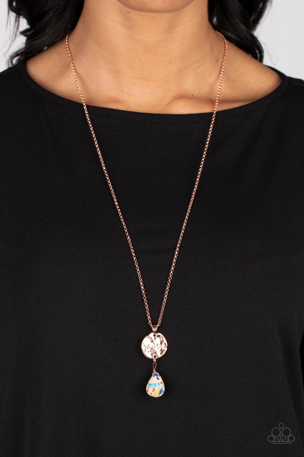 Paparazzi Accessories Caring Couture - Multi Swinging from a dainty shiny copper chain, a hammered disc in the same hue is stamped with the words "be kind." A chiseled stone teardrop painted with multicolored flecks hangs from the bottom of the pendant ad