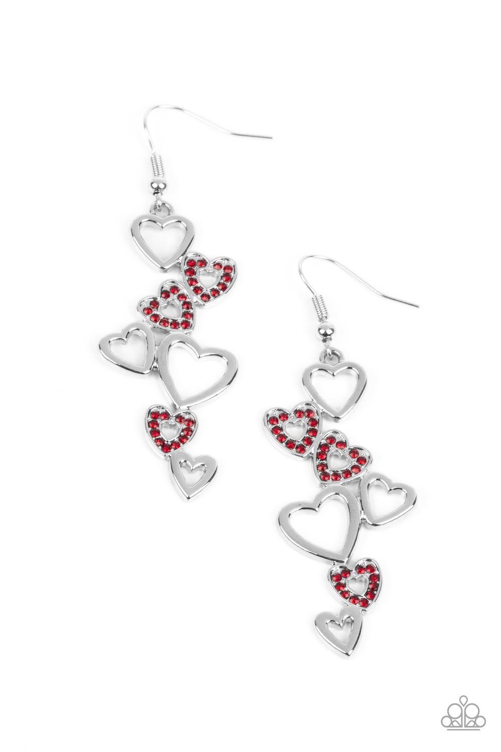 Paparazzi Accessories Sweetheart Serenade - Red A collection of airy, heart-shaped silhouettes fall from the ear in a bubbly cascade. In a haphazard pattern, the sleek and simple silver frames alternate with those lined with sparkling siam rhinestones, cu