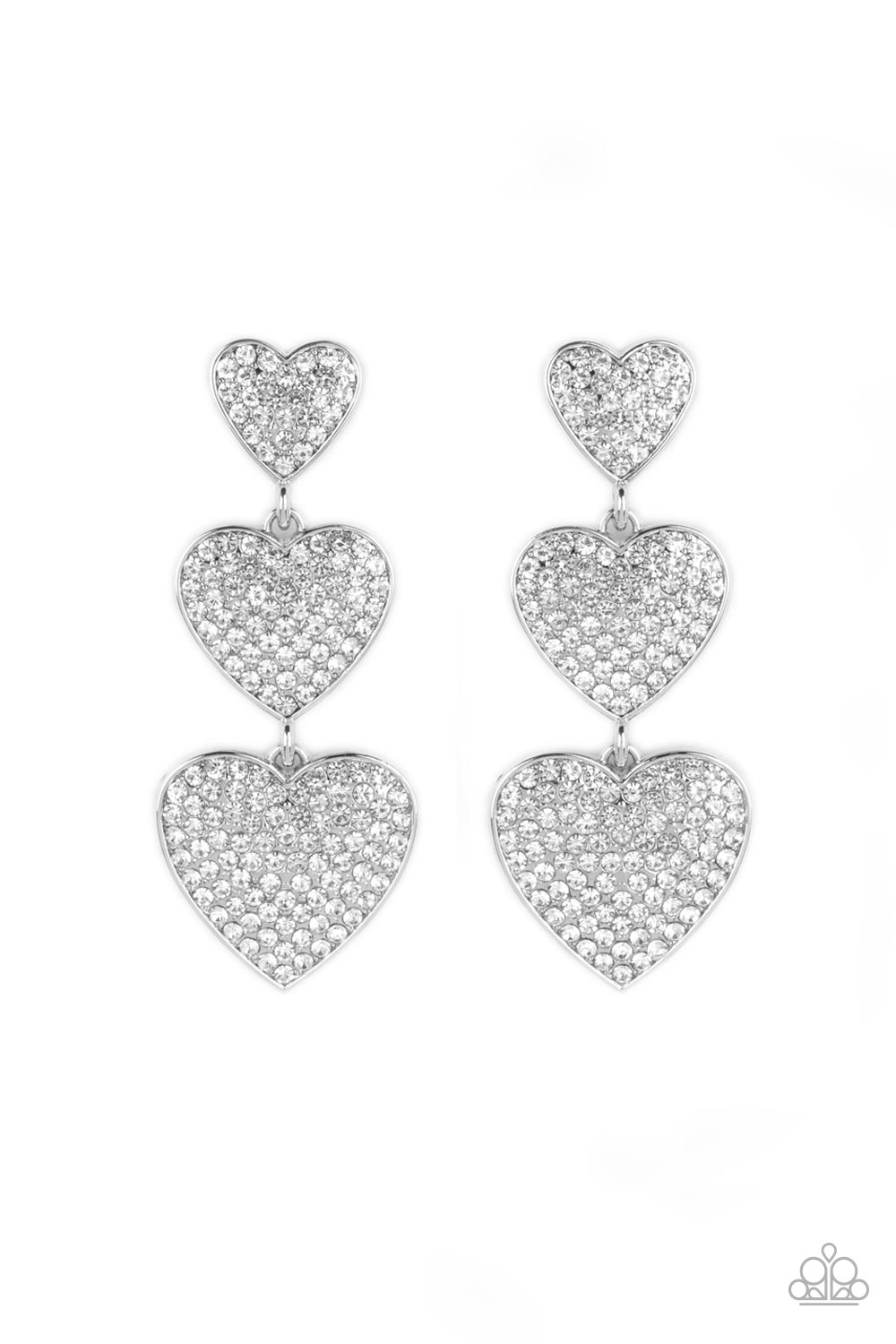 Paparazzi Accessories Couples Retreat - White Three white rhinestone-studded silver hearts gradually increase in size as they cascade down the ear in a shimmery display. Each of the hearts interconnect to one another adding a shifting, whimsical detail to