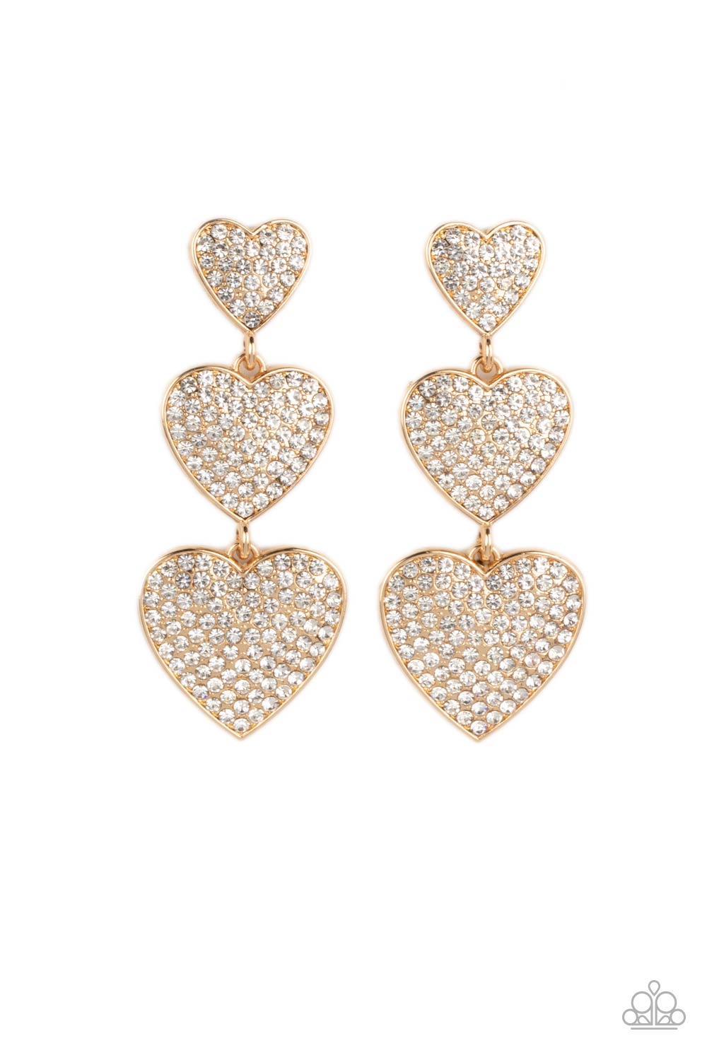 Paparazzi Accessories Couples Retreat - Gold Three white rhinestone-studded gold hearts gradually increase in size as they cascade down the ear in a shimmery display. Each of the hearts interconnect to one another adding a shifting, whimsical detail to th