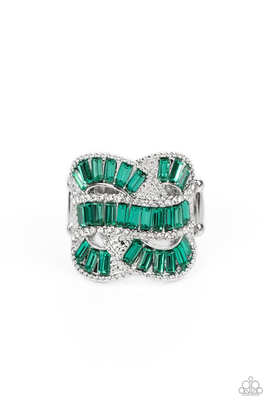 Paparazzi Accessories Six-Figure Flex - Green Rich green rhinestones, chiseled into dramatic emerald-cuts, fall in line along twisting bands of silver. Tiny white rhinestones border the top and bottom edges of the swirling silver bands, emphasizing the sh