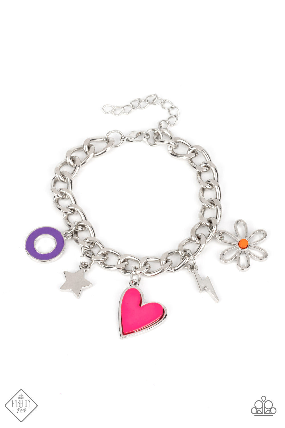 Paparazzi Accessories Turn Up the Charm - Multi A strand of thick silver curb chain is decorated in playful charms, including a pink heart, a silver lightning bolt and star, a purple ring, and a flower silhouette topped with an orange bead at its center.