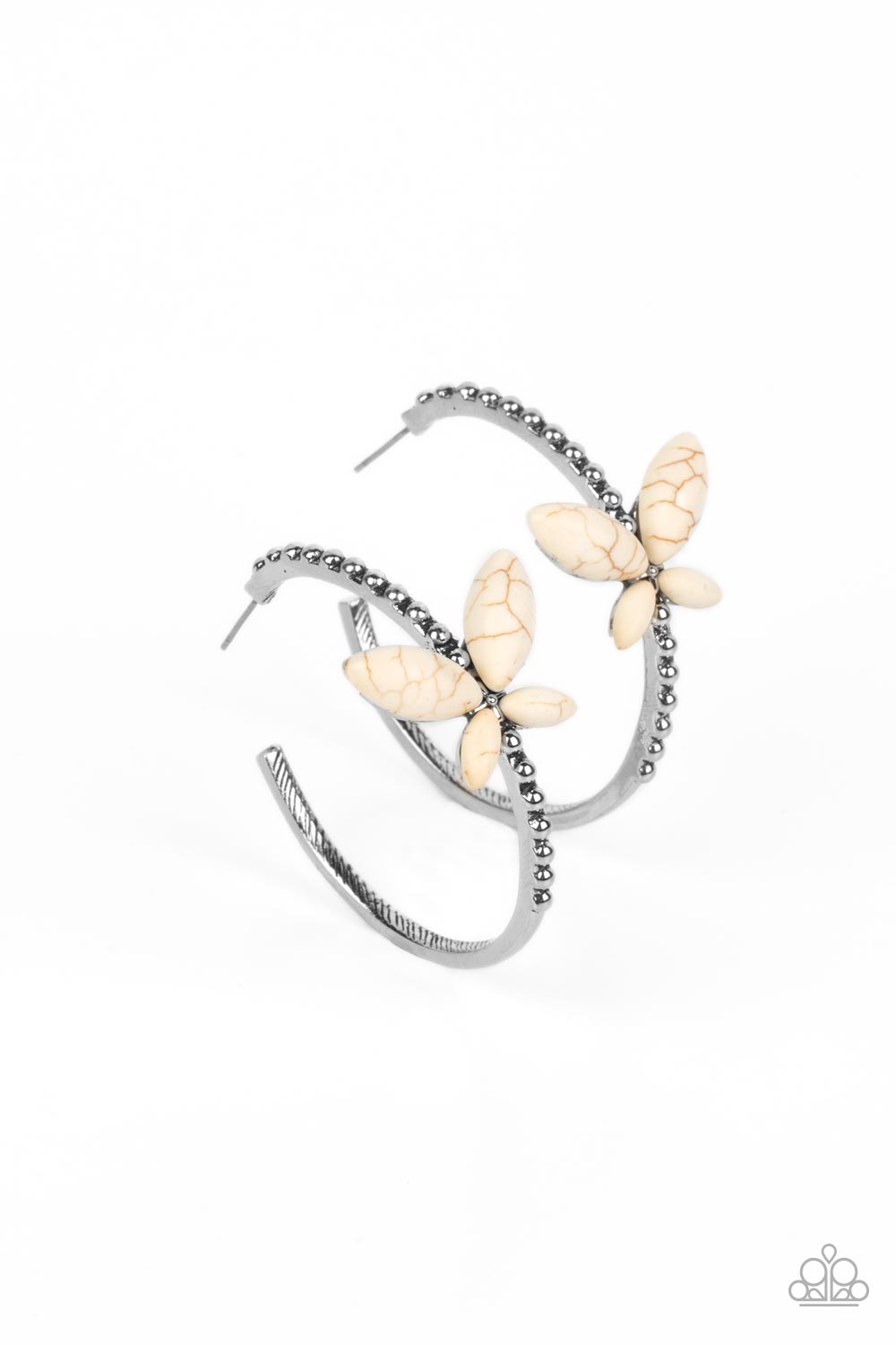 Paparazzi Accessories Bohemian Butterfly - White A dainty, white stone butterfly flutters atop the curve of a glistening silver hoop dotted with silver studs, creating a refreshing, whimsical sight. Earring attaches to a standard post fitting. Hoop measur