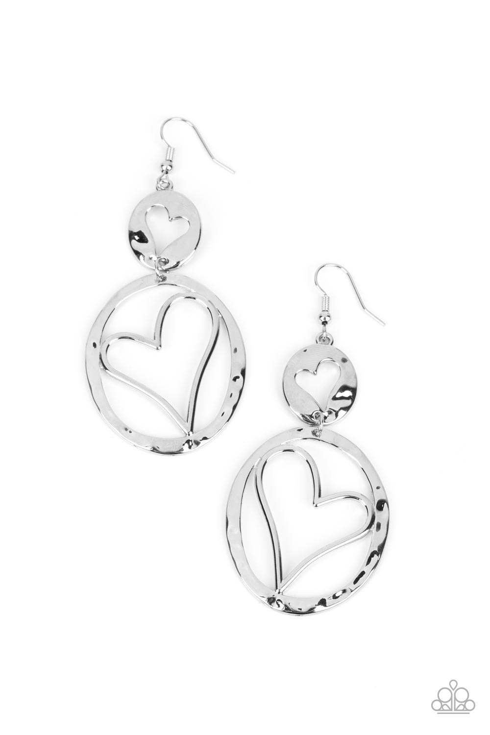 Paparazzi Accessories Enchanting Echo - Silver Hammered in a high sheen, a collection of interconnected silver discs sporting hearts, dangles from the ear. The larger, airy, hammered disc features an oversized, asymmetrical heart filling up its center. Ea