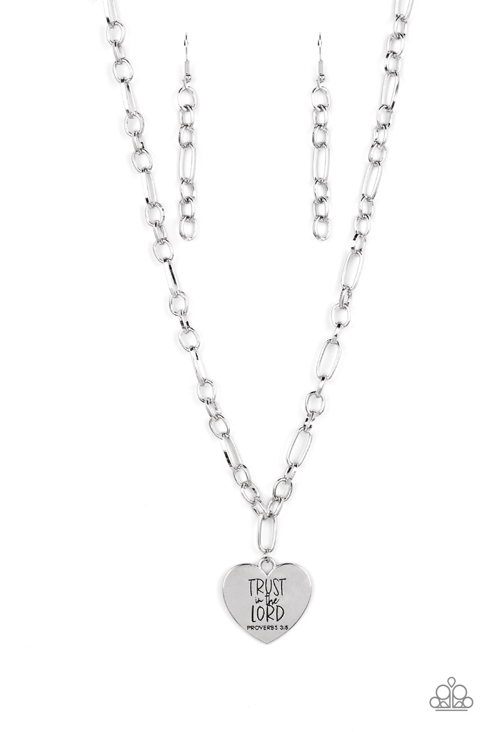 Paparazzi Accessories Perennial Proverbs - Silver Dangling from a silver figaro chain, a charming heart pendant swings. Stamped upon the shiny surface, the phrase "Trust in the Lord" with the bible reference listed below it "Proverbs 3:5" are listed in di