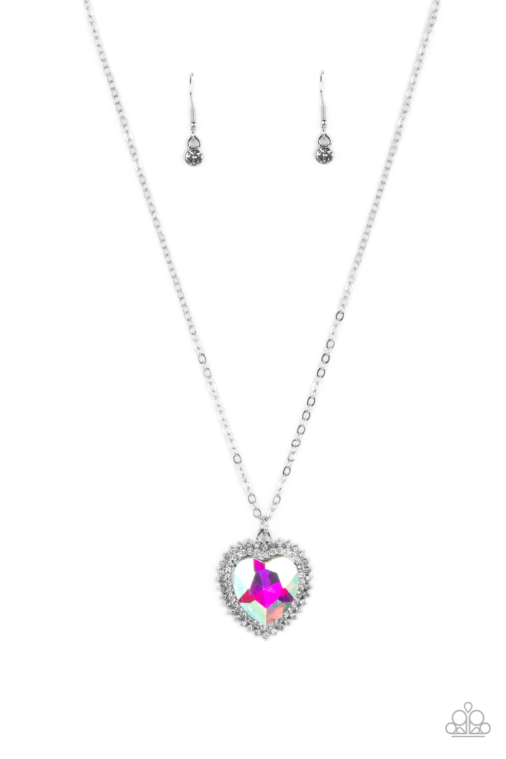 Paparazzi Accessories Sweethearts Stroll - Multi An iridescent, crystal-like heart gem sparkles dramatically as it's wrapped in a glassy white rhinestone-studded heart frame. Adding additional shimmer, a second layer of white rhinestones encircles the stu