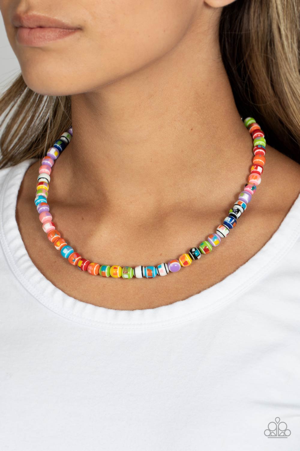 Paparazzi Accessories Gobstopper Glamour - Multi Stretched across an invisible wire, multicolored beads, featuring various multicolored splatters across the surface, coalesce around the collar. Reminiscent of gobstopper candy, the sweet display of colors