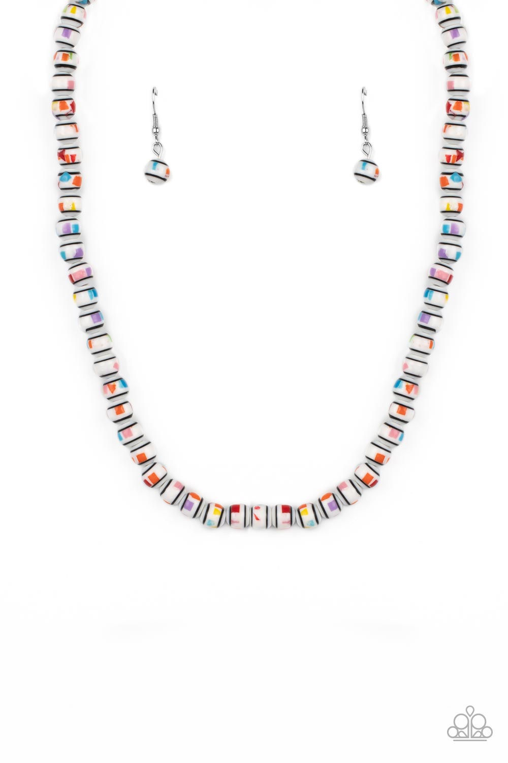 Paparazzi Accessories Gobstopper Glamour - White Stretched across an invisible wire, white beads, featuring various multicolored splatters across the surface, coalesce around the collar. Reminiscent of gobstopper candy, the sweet display of colors creates