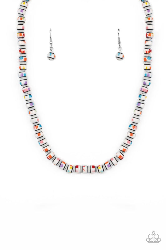 Paparazzi Accessories Gobstopper Glamour - White Stretched across an invisible wire, white beads, featuring various multicolored splatters across the surface, coalesce around the collar. Reminiscent of gobstopper candy, the sweet display of colors creates