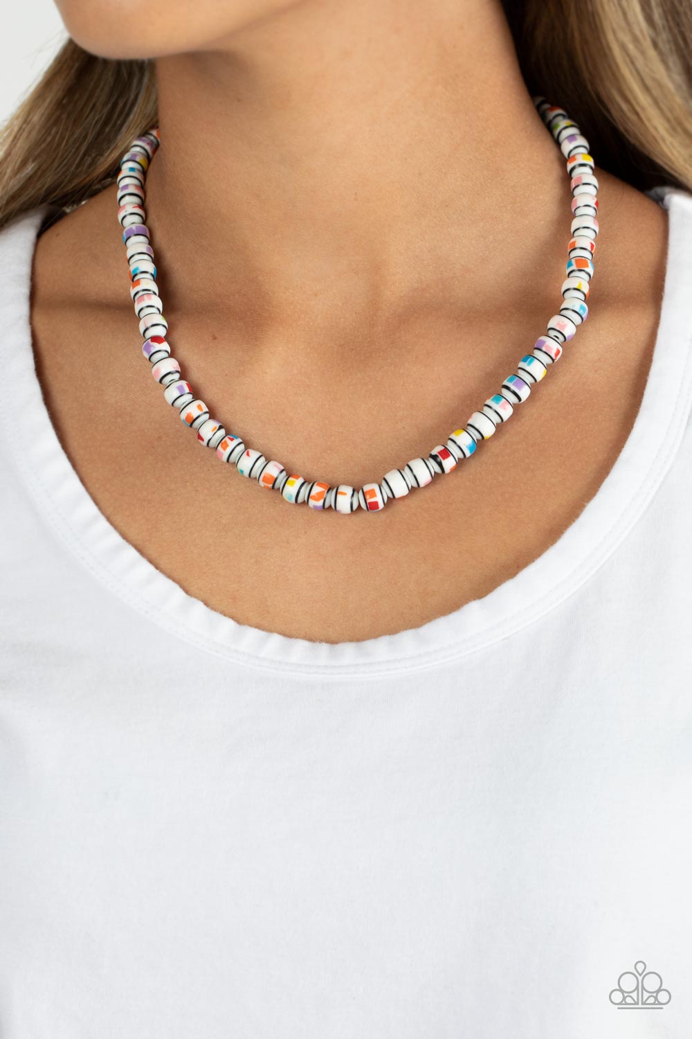 Paparazzi Accessories Gobstopper Glamour - White Stretched across an invisible wire, white beads, featuring various multicolored splatters across the surface, coalesce around the collar. Reminiscent of gobstopper candy, the sweet display of colors creates