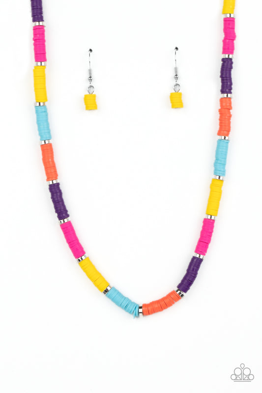 Paparazzi Accessories Rainbow Road - Multi Rubber discs in shades of Pink Peacock, Samoan Sun, Orange Tiger, purple, and turquoise are threaded along an invisible wire, adorning the collar in a courageous pop of color. Shiny silver discs separate the band