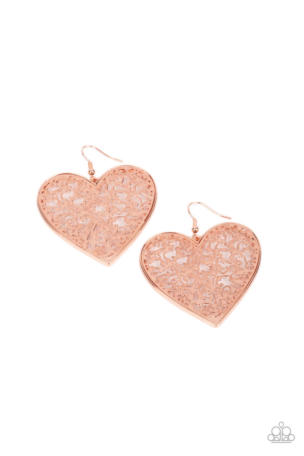 Paparazzi Accessories Fairest in the Land - Copper A shiny, oversized shiny copper heart is filled with swirls of filigree, emitting vintage whimsy as it swings from the ear. Earring attaches to a standard fishhook fitting. Sold as one pair of earrings. J
