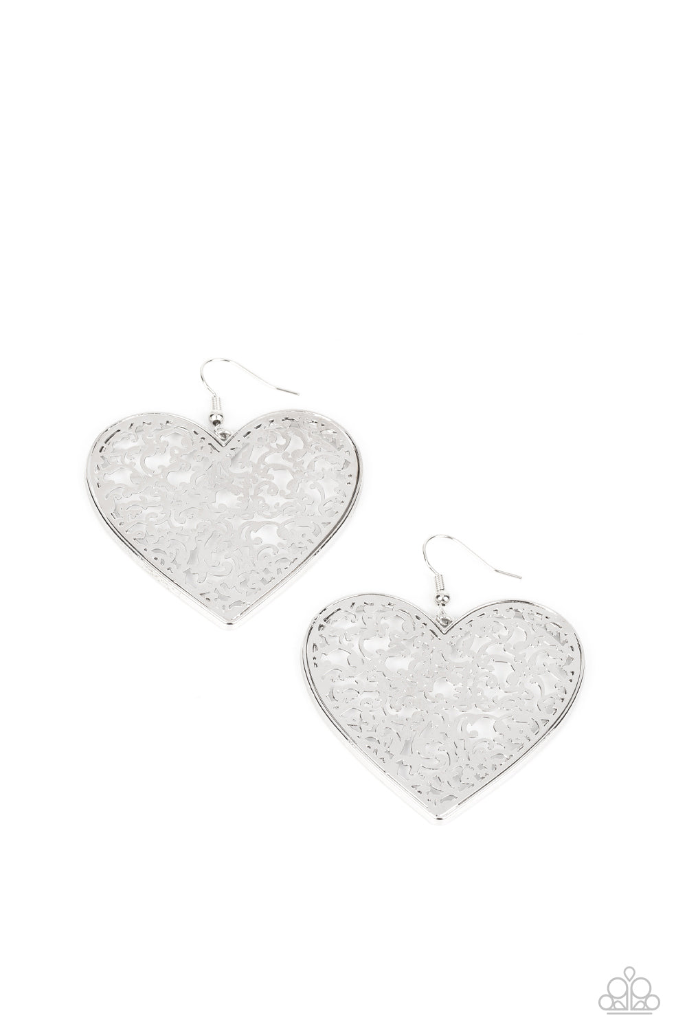 Paparazzi Accessories Fairest in the Land - Silver A shiny, oversized silver heart is filled with swirls of filigree, emitting vintage whimsy as it swings from the ear. Earring attaches to a standard fishhook fitting. Sold as one pair of earrings. Jewelry