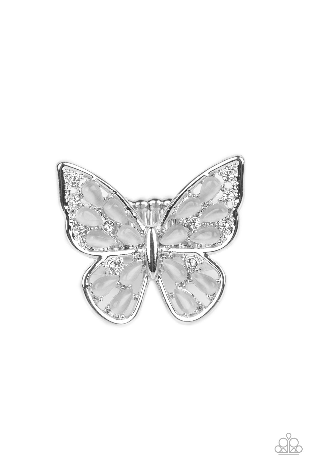 Paparazzi Accessories Flying Fashionista - White Shiny silver bars curl into the shape of a butterfly, creating a whimsical centerpiece that flutters atop the finger. White opalescent beads fill the inside of the wings, leaving spaces in between for the d