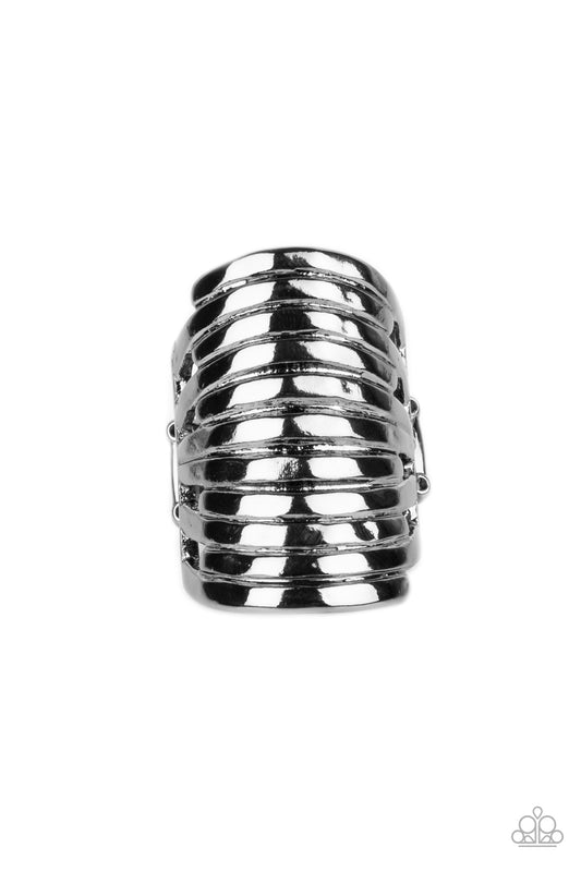 Paparazzi Accessories Imperial Glory - Black An elongated gunmetal frame is lined with rippling texture, creating the illusion of multiple gunmetal bands stacking up the finger. The high sheen finish creates stunning contrast to the textured surface, resu